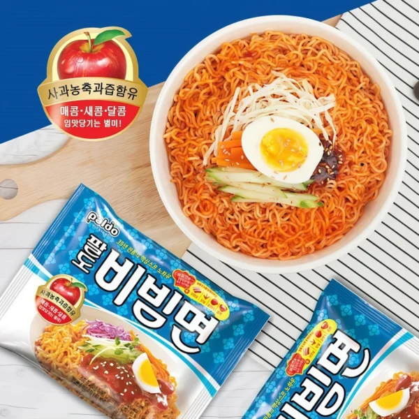 FIDEO INSTANTANEO RAMEN BIBIMMEN SABOR  AGRIDULCE SALSA DE MANZANA  MEDIUM SPICY PALDO KOREA