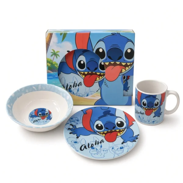 set de vajilla stitch 3 piezas taza plato tazon